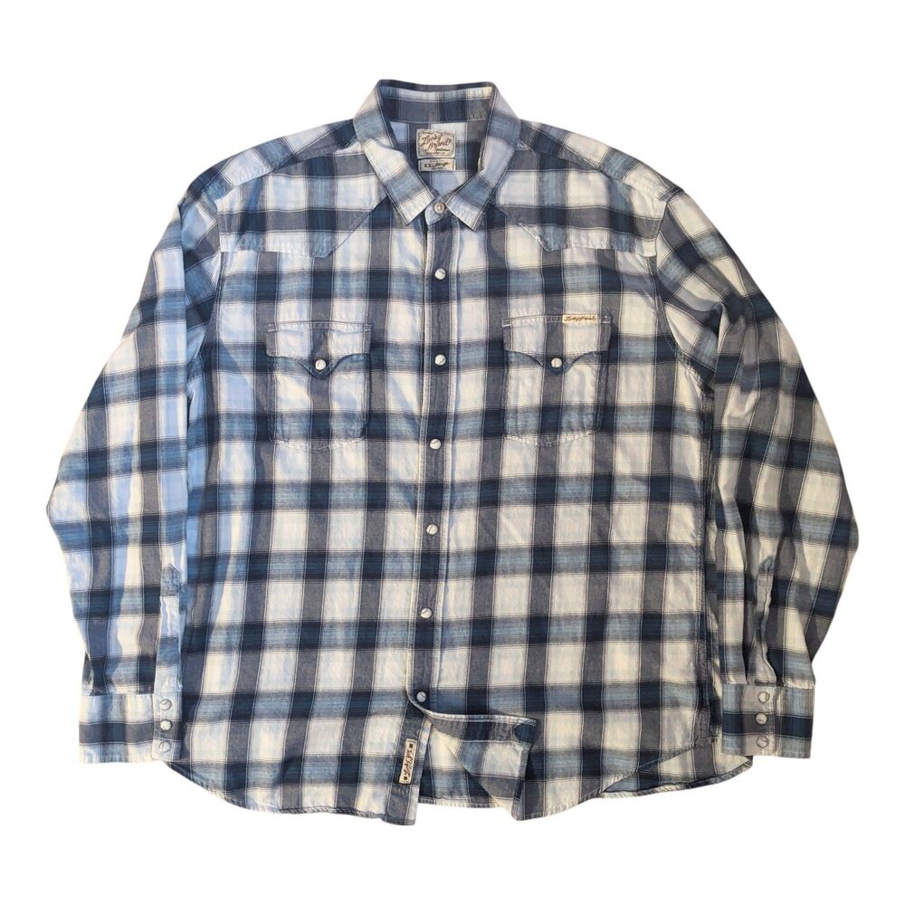 Lucky Brand Men's XXL Western Shirt Blue White Plaid Pearl Snaps 100% Cotton